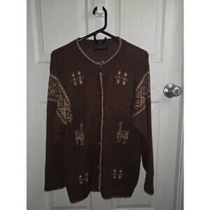 Vintage Baby Alpaca Cardigan Peru Llama Pattern Brown Andean Folk Womens Medium